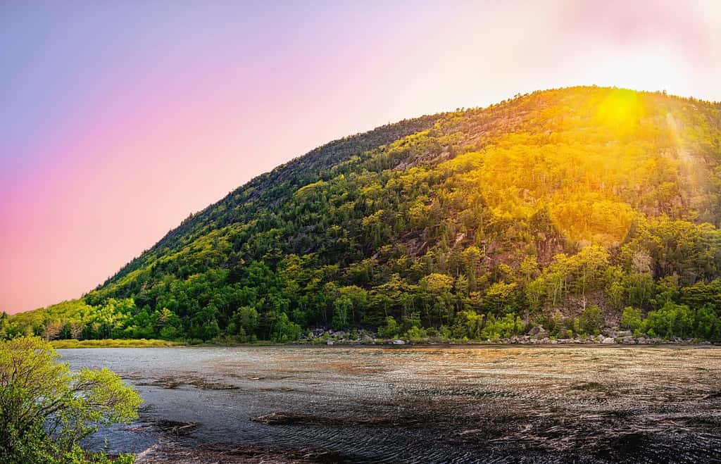 Sunset in Mount Desert Island over Hamilton Pond in Hancock County, Maine, United States, spring Bar Harbor wilderness hiking trail landscape after rain