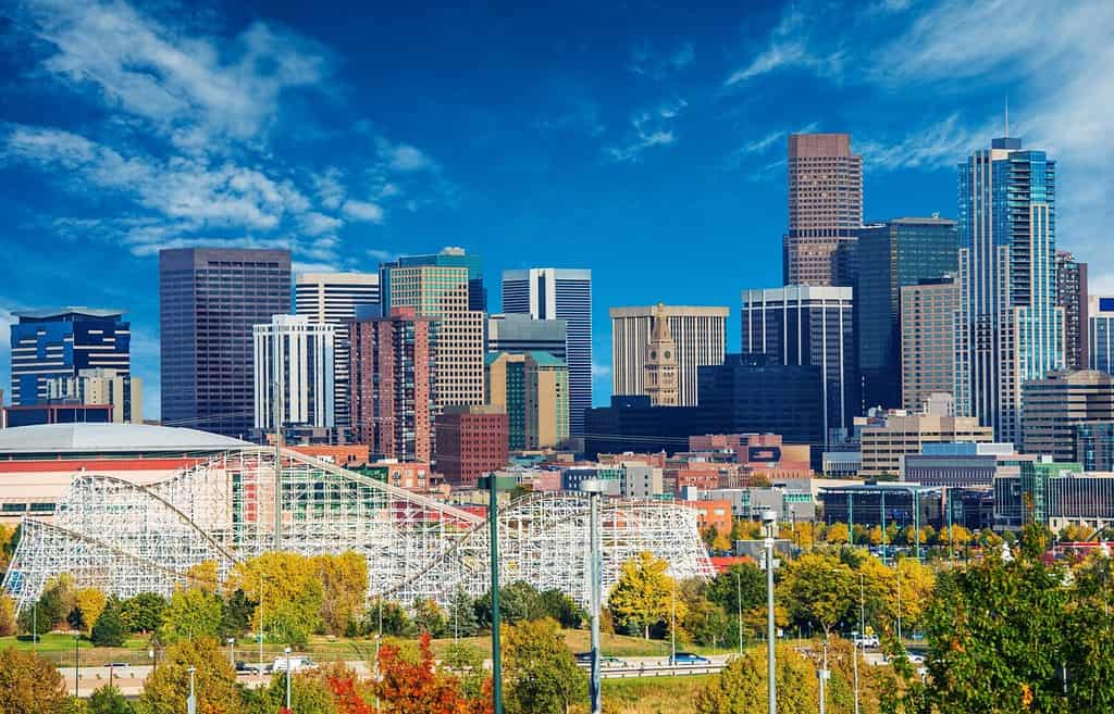 Sunny Day in Denver Colorado, United States. Downtown Denver City Skyline and the Blue Sky.