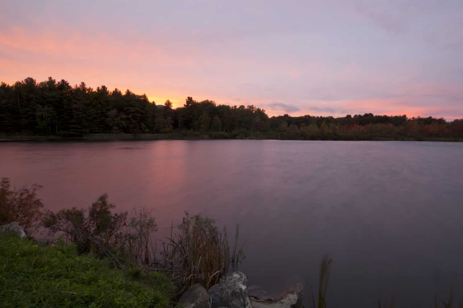 Twilight view of Pontoosuc Lake in Pittsfield, Massachusetts.