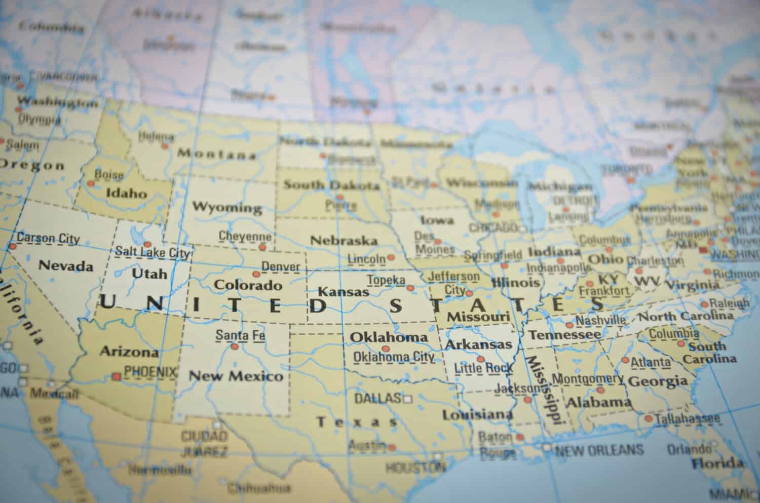 United States in close up on the map. Focus on the name of country.