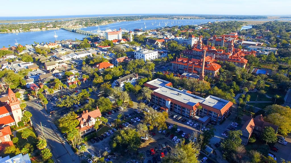 Saint Augustine, Florida. Aerial view at dusk.