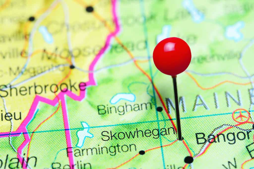 Skowhegan pinned on a map of Maine, USA