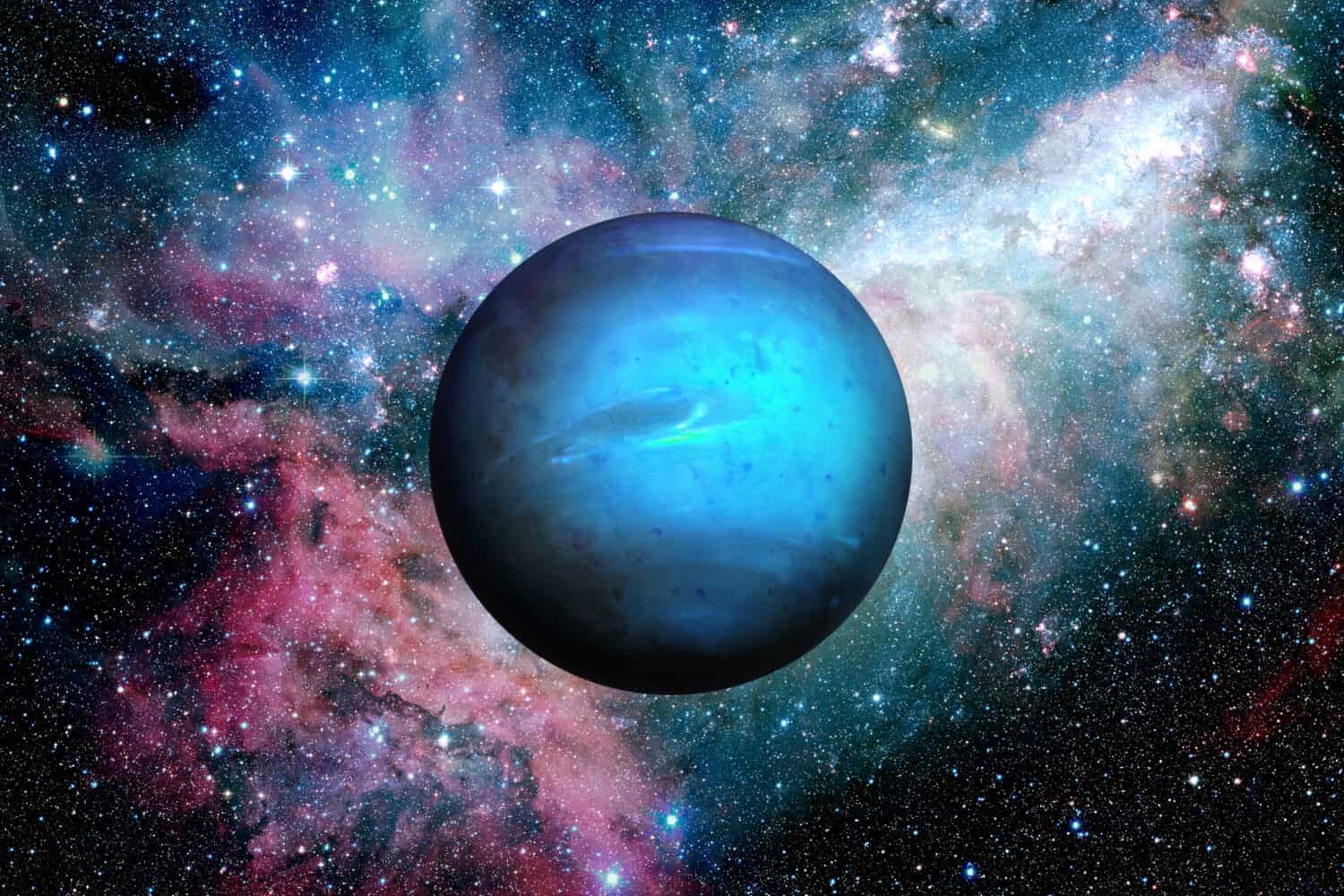 Solar System - Neptune. It is the eighth and farthest planet from the Sun in the Solar System. It is a giant planet. Neptune has 14 known satellites. Elements of this image furnished by NASA.