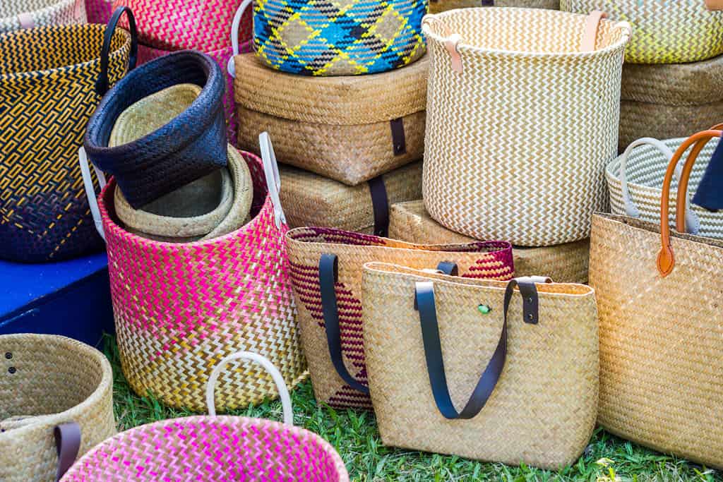 Thai wicker - bamboo craft hand made thailand - the villagers took bamboo stripes to weave into different forms for daily use utensils of the community’s people