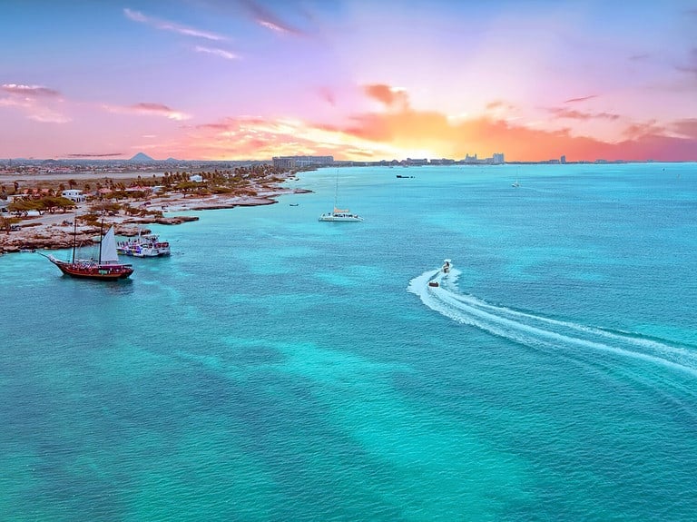 Aerial from Aruba island in the Caribbean Sea at sunset