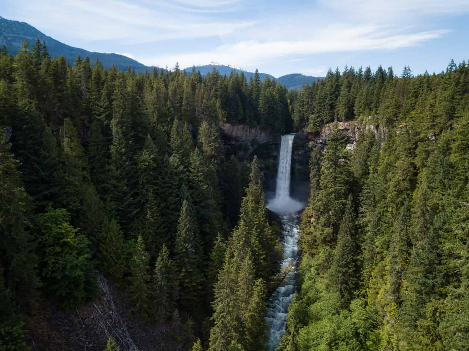 Aerial view of a beautiful waterfall in a canyon (Brandywine Falls). Taken near Whistler and Squamish, North of Vancouver, BC, Canada.