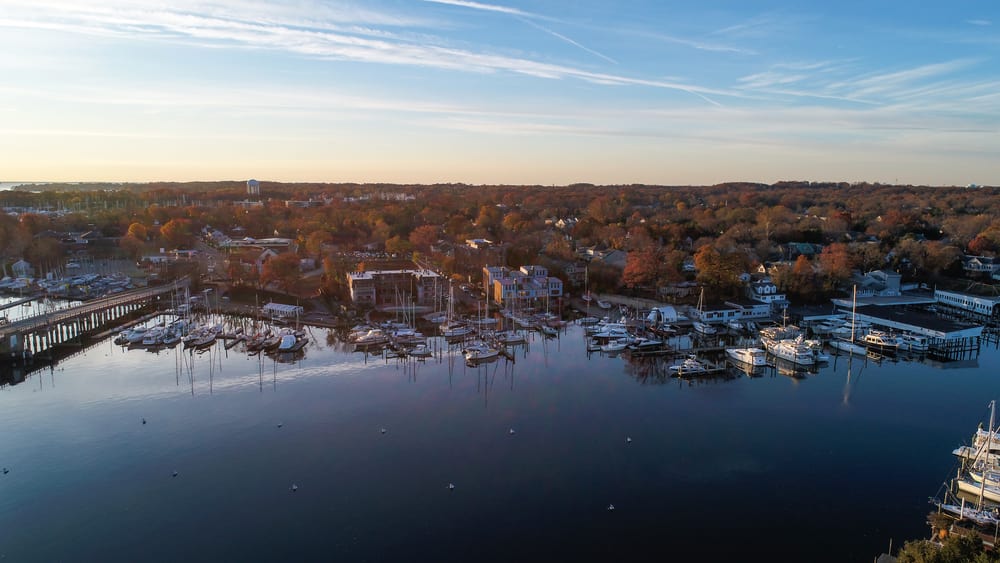An aerial view of historic Annapolis, situated on the Chesapeake Bay and the Severn River, during an early November morning.
