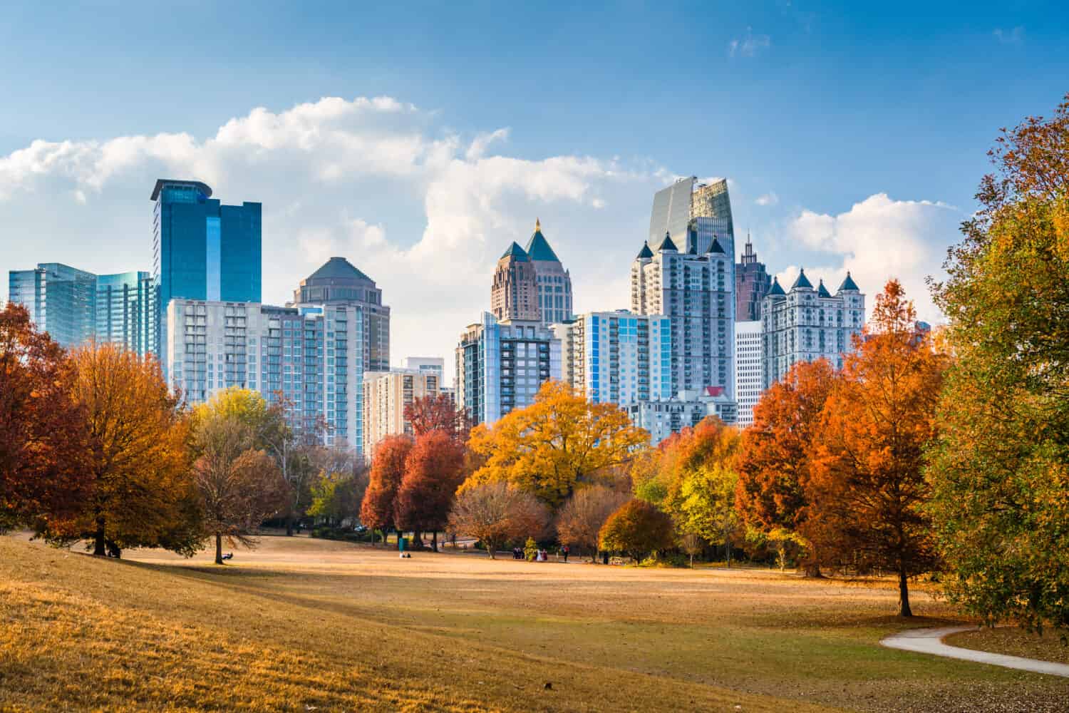 Atlanta, Georgia, USA midtown skyline from Piedmont Park in autumn.