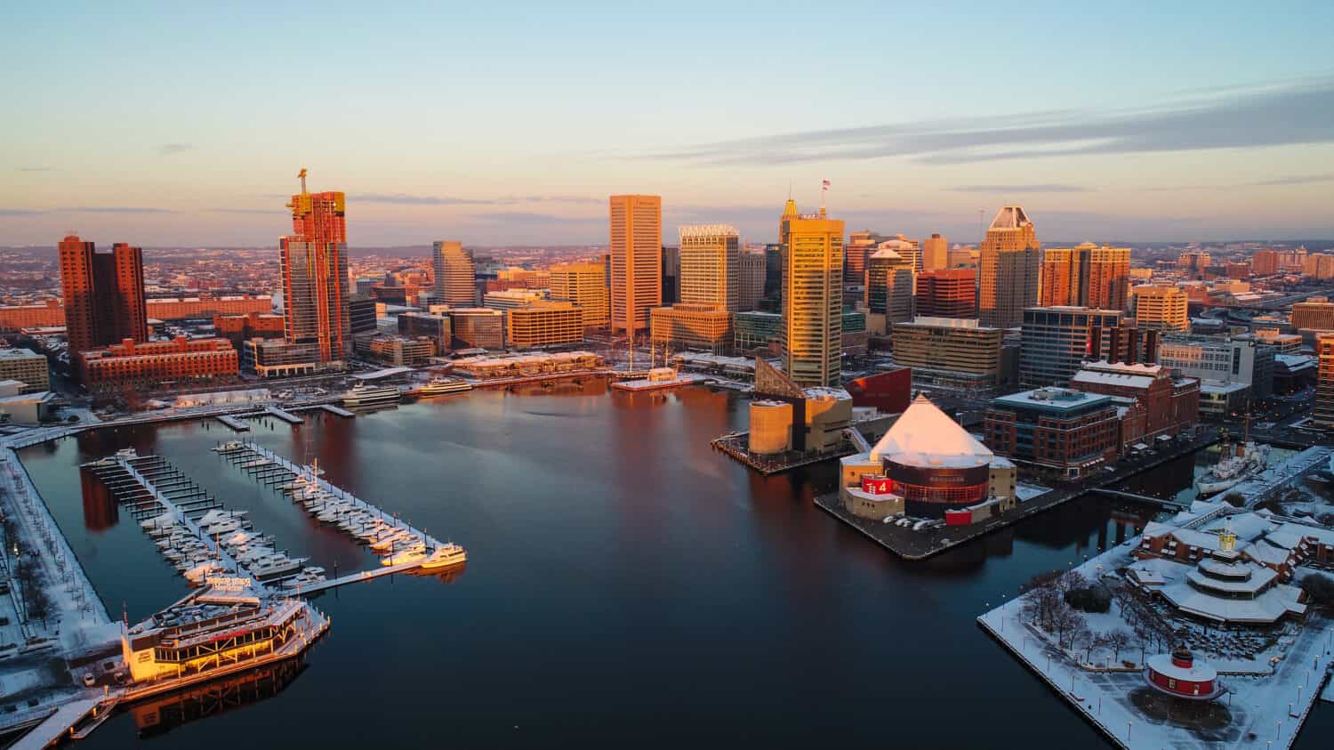 An aerial view of Baltimore's Inner Harbor at sunrise on a cold December morning.