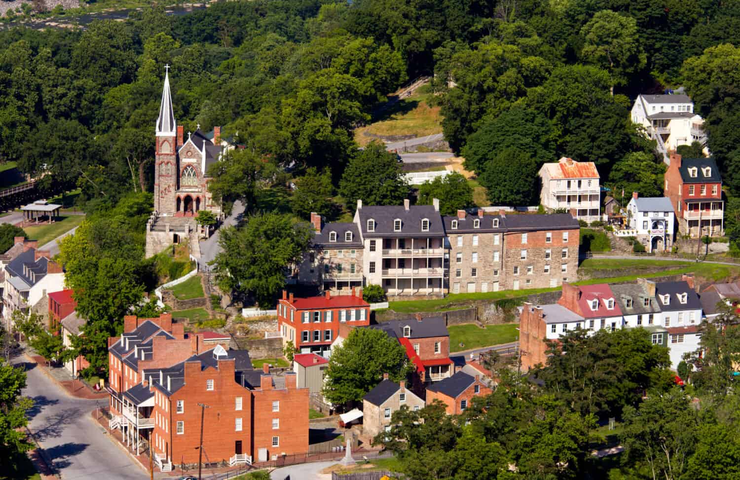 Aerial view over the National Park town of Harpers Ferry in West Virginia with the church and old buildings in the city