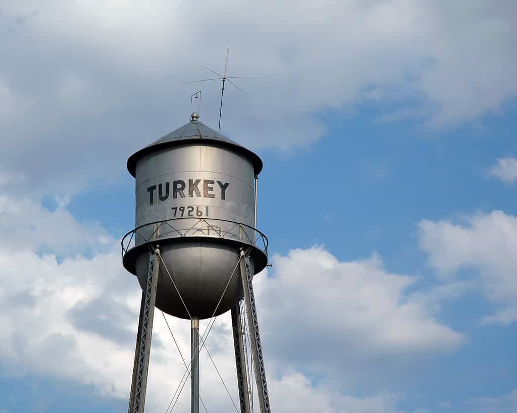 Turkey, Texas / USA - July 20 2004: Closeup of a Tin Man Style Water Tower in the Birthplace of Bob Wills King of Western Swing.
