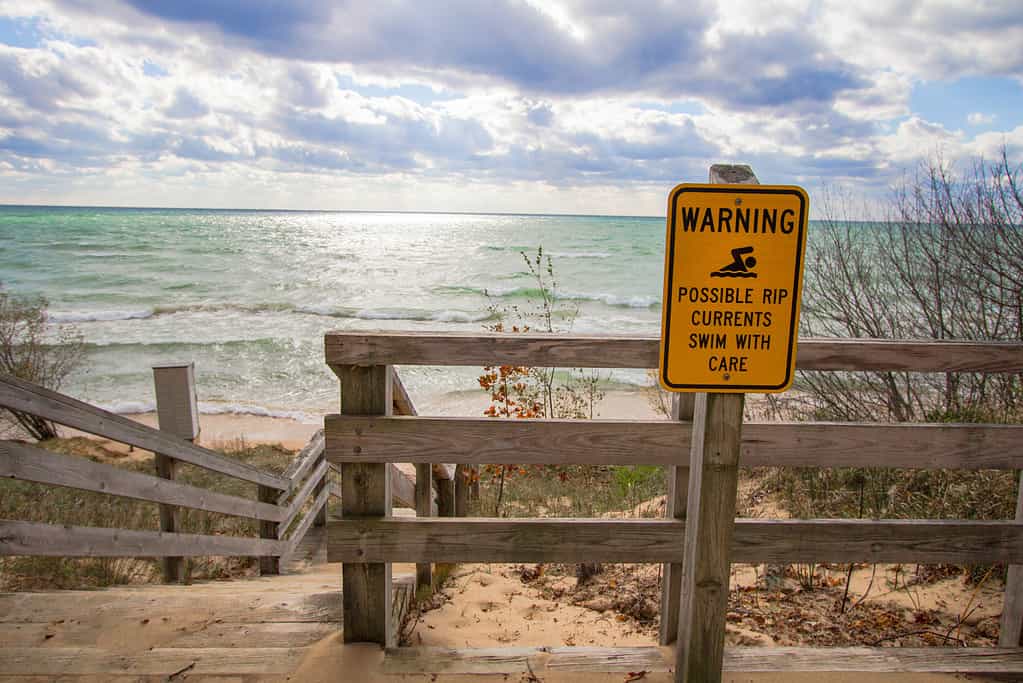 This sign at a Lake Michigan beach warns swimmers of the strong rip currents.