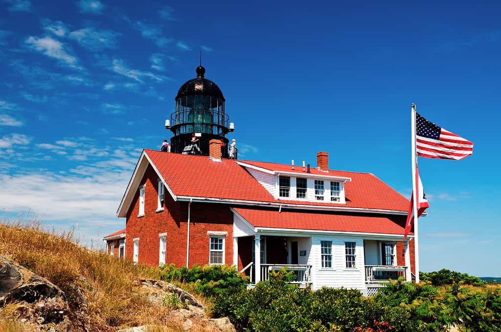 Sequin Island lighthouse, constructed of brick, has one of the most powerful lanterns in New England, with its original first order fresnel lens. It is also considered haunted by 3 different ghosts.