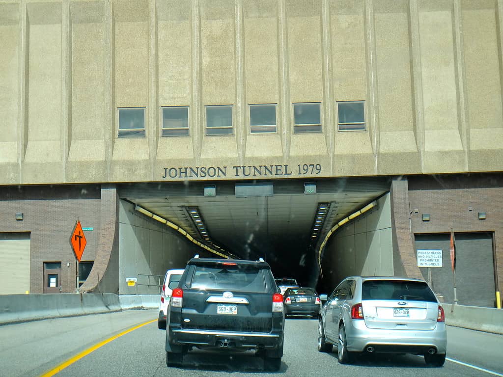 Dillon, CO - June 3 2016: Entrance to the Eisenhower-Edwin Johnson Tunnel at eastbound Interstate 70