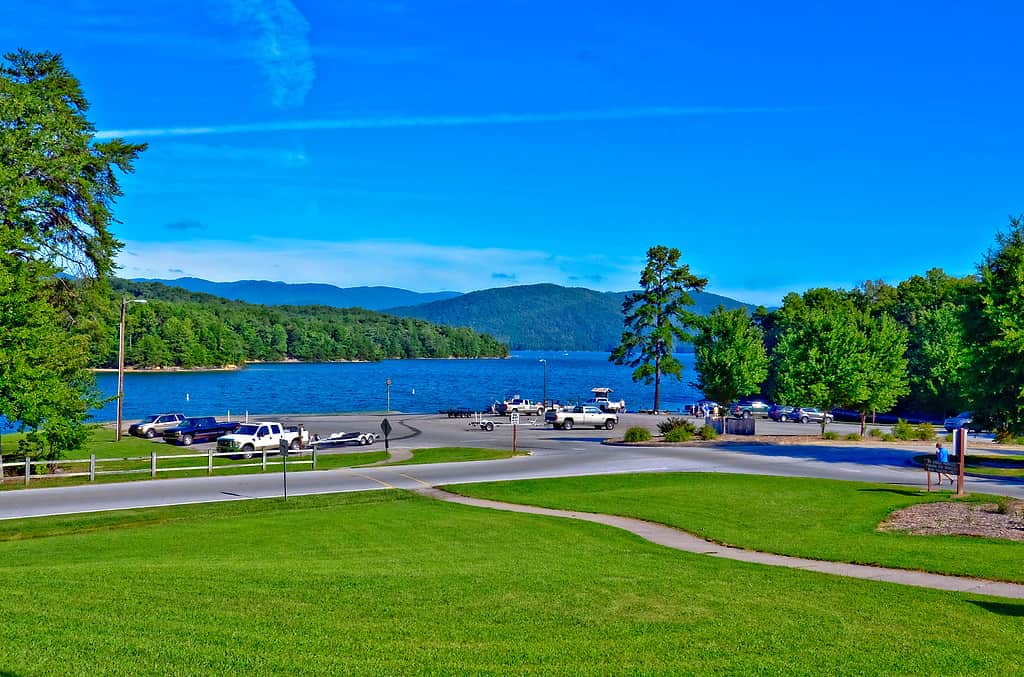 Boat ramp area on beautiful Lake Jocassee in South Carolina. The land around 7,500-acre Lake Jocassee remains mostly undeveloped and the only public access point to the lake is through Devils Fork.