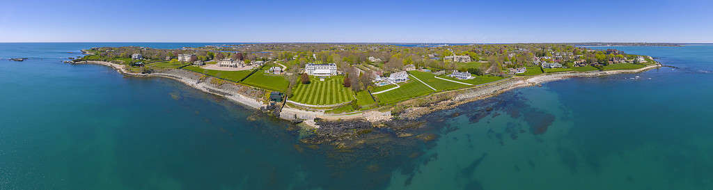 Historic Rosecliff aerial view panorama at Newport, Rhode Island RI, USA. Rosecliff is a Gilded Age mansion with Baroque Revival style built in 1892 in Bellevue Avenue Historic District in Newport.