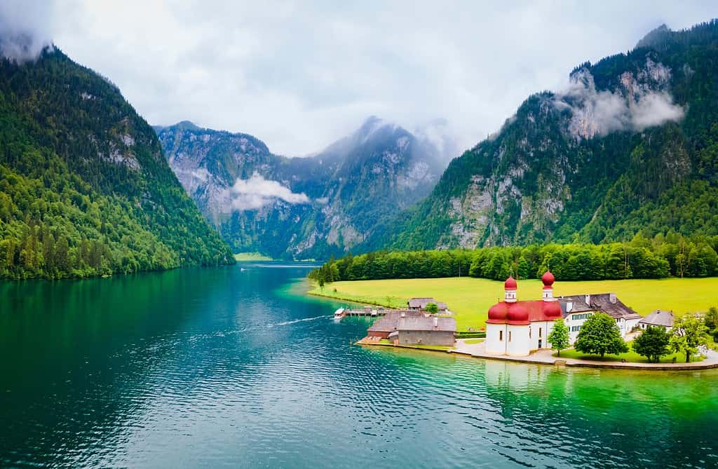 St. Bartholomew or St. Bartholomae aerial panoramic view, a roman catholic church at the Konigssee Lake in Bavaria, Germany