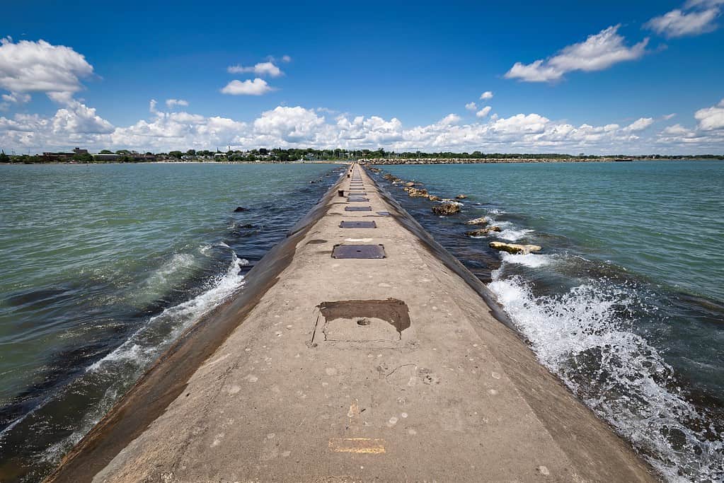  The north pier on Lake Michigan, looking back at north side of Manitowoc, Wisconsin.