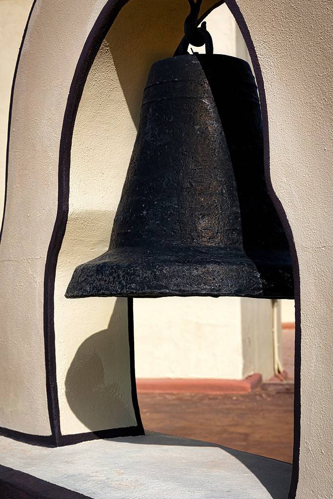 The old bell in front of the Ysleta Mission, on the Mission Trail, in El Paso, Texas.