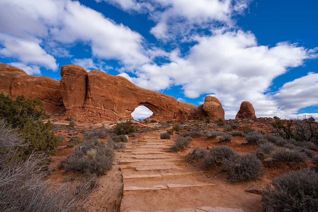Stairs to North Window Arch on the Windows Loop Trail. Arches National Park, Utah, USA