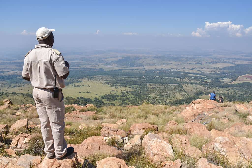 A park ranger well covered in khaki A park ranger standing on the Magaliesberg mountain near Johannesburg and Pretoria in South Africa overlooking the southern part of the valley