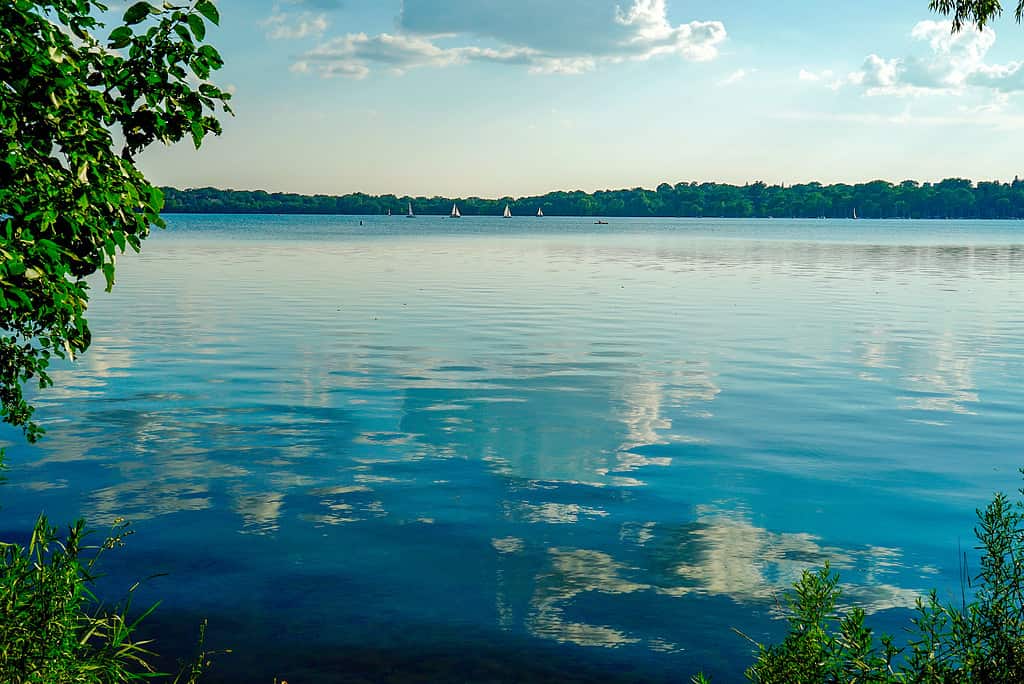 A stunning view of Lake Minnetonka reflecting the blue sky and nearby trees. 