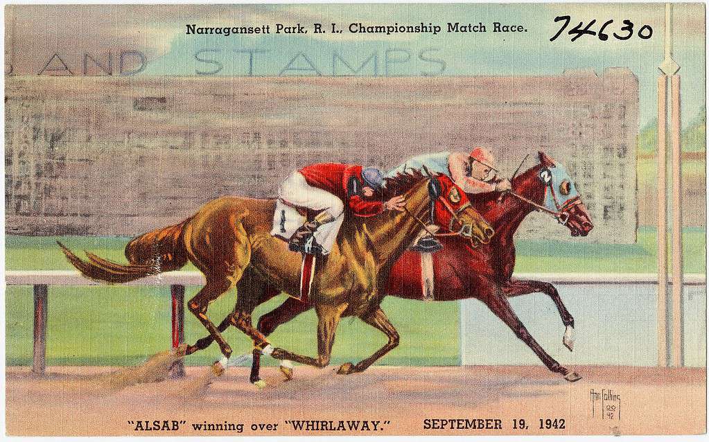 Vintage postcard art of racehorses Whirlaway and Alsab at Narragansett Park, R.I.