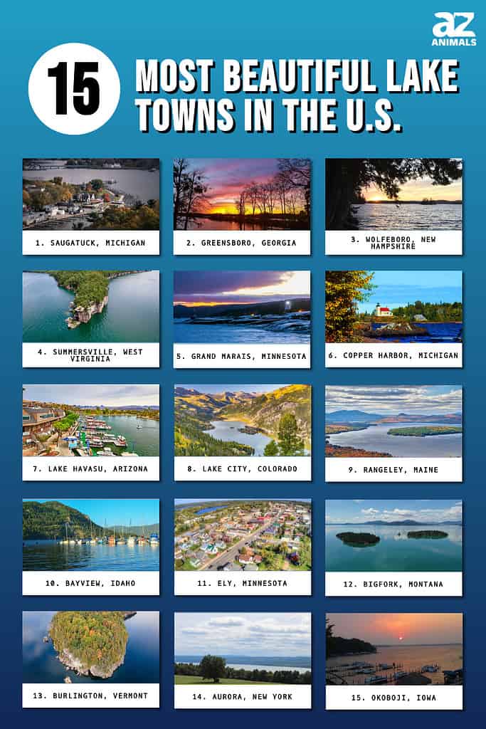 This infographic illustrates 15 beautiful lake towns in the U.S.