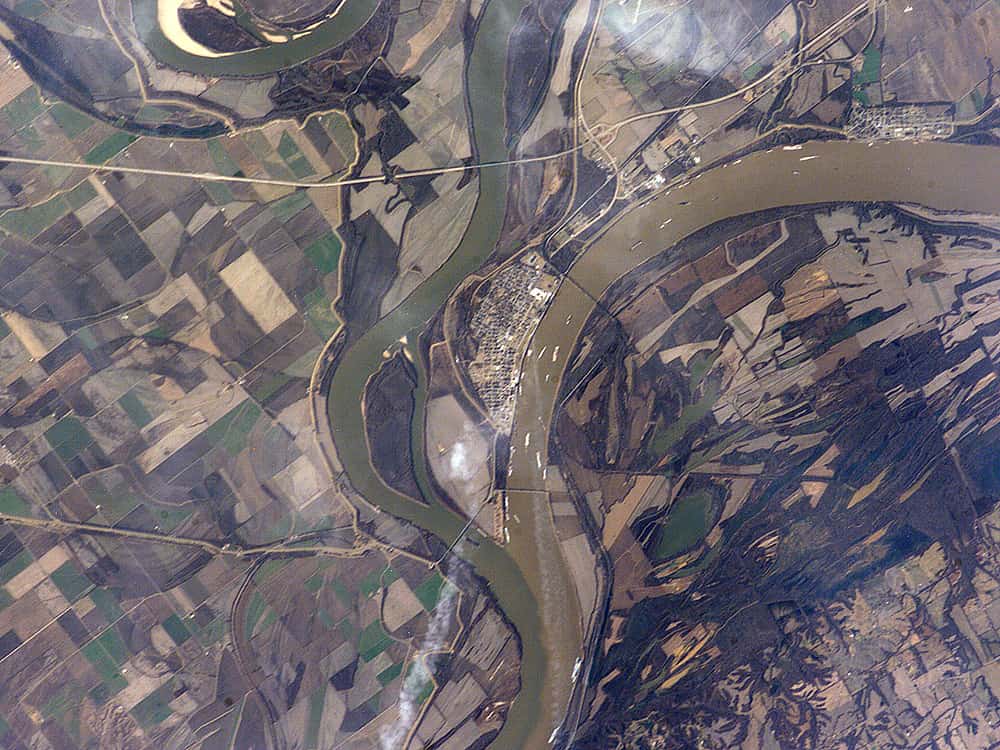 Cairo, Illinois, confluence of Ohio River and Mississippi River, seen from the International Space Station