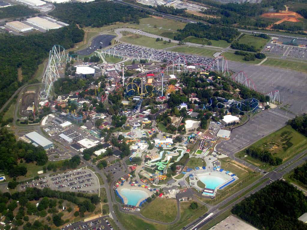 Aerial view of Carowinds Theme Park in North Carolina.