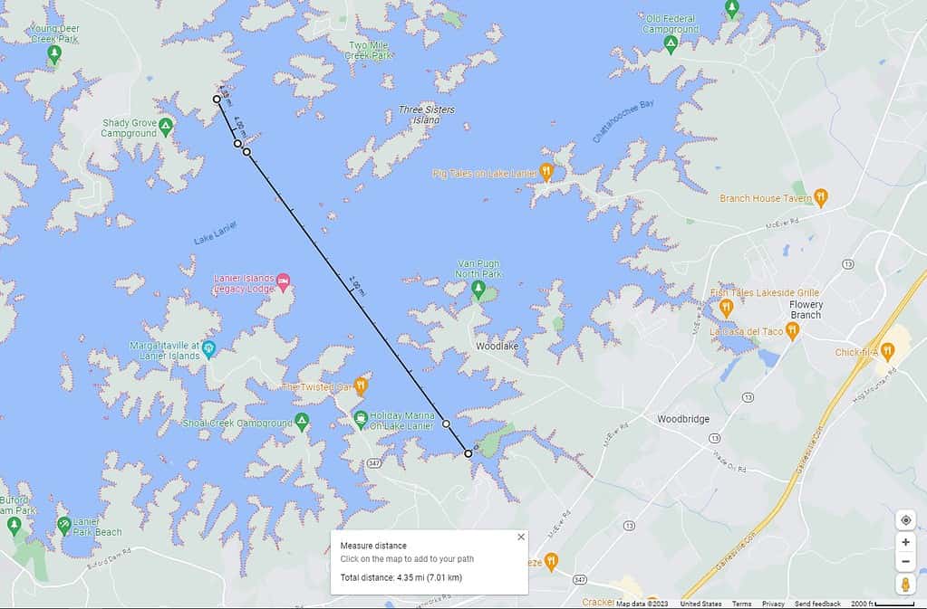 Swimming route across Lake Lanier