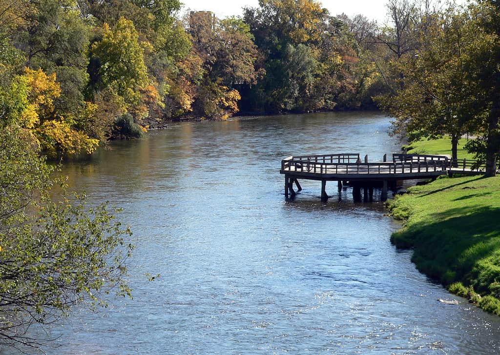 The Huron river flowing through Riverside Park in Ypsilanti, MI.