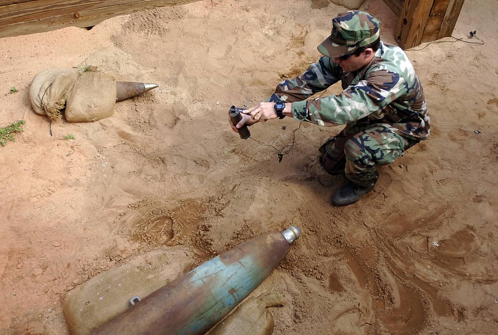 An explosive charge is prepared to be used for rendering unexploded ordnance safe to handle at the Naval School of Explosive Ordnance Disposal.