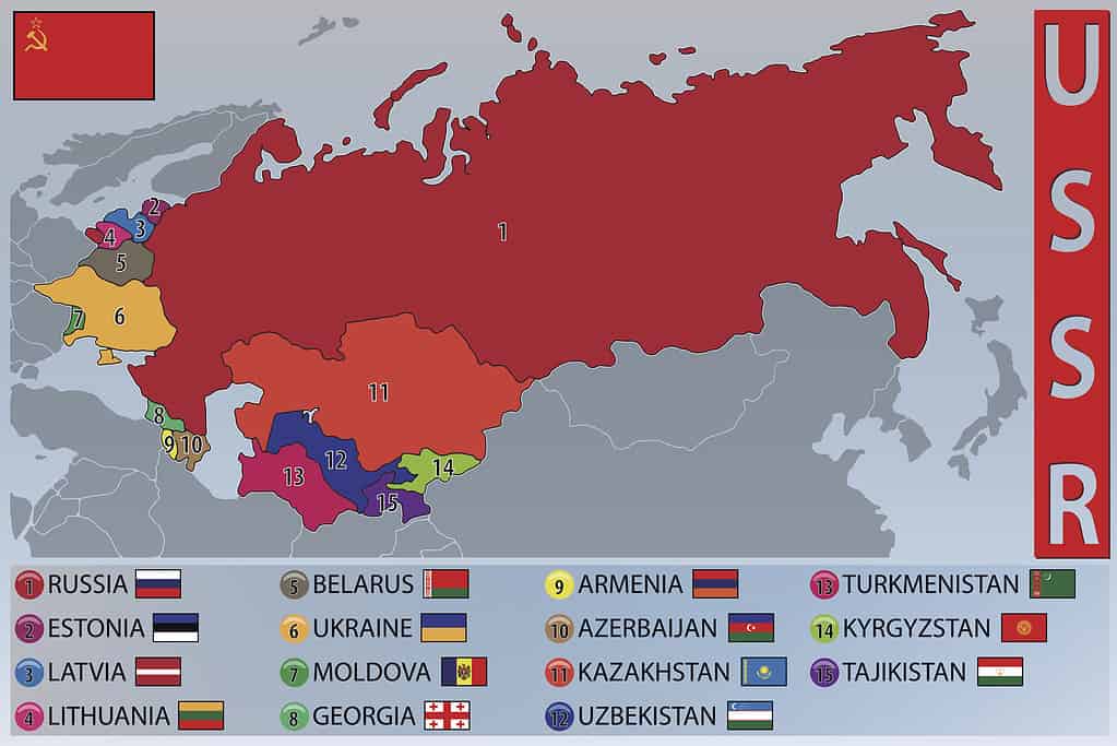 Illustration of the Map and Flags of the Republics of the Former USSR