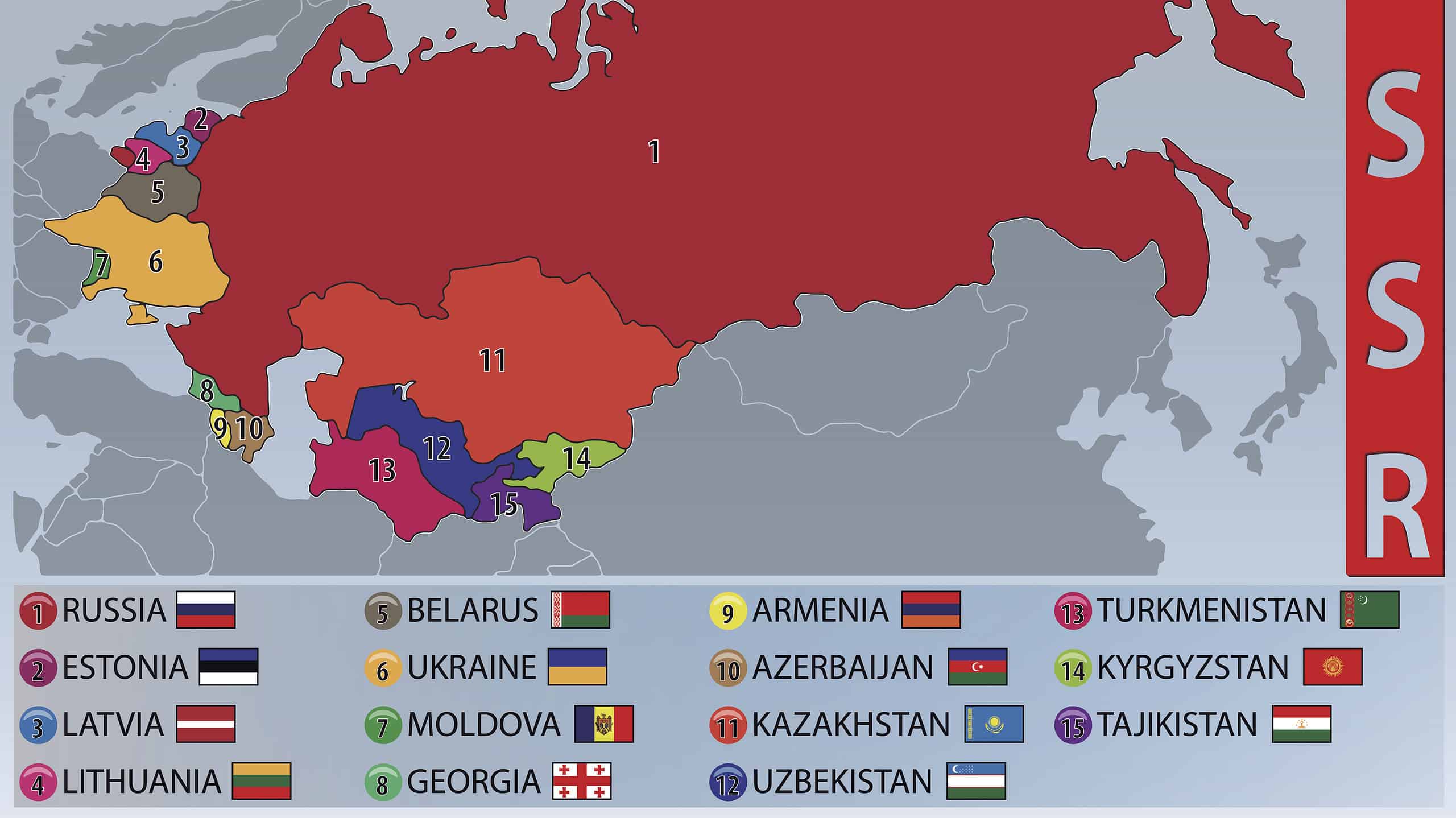 Illustration of the Map and Flags of the Republics of the Former USSR