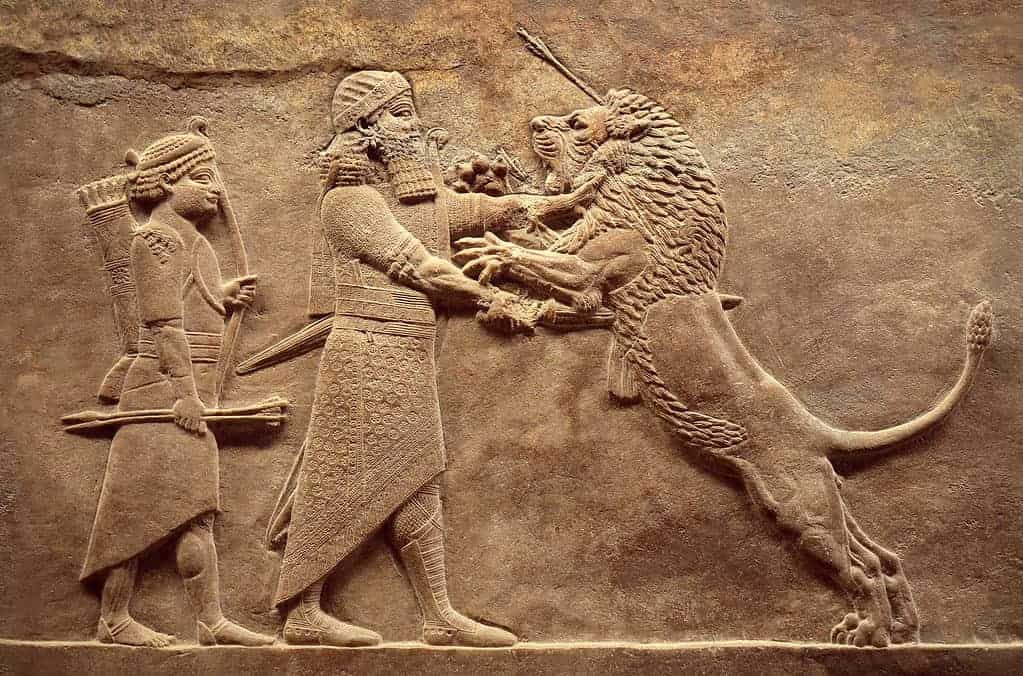 Wall relief from Mesopotamia, Assyrian image of Ashurbanipal lion hunt, detail