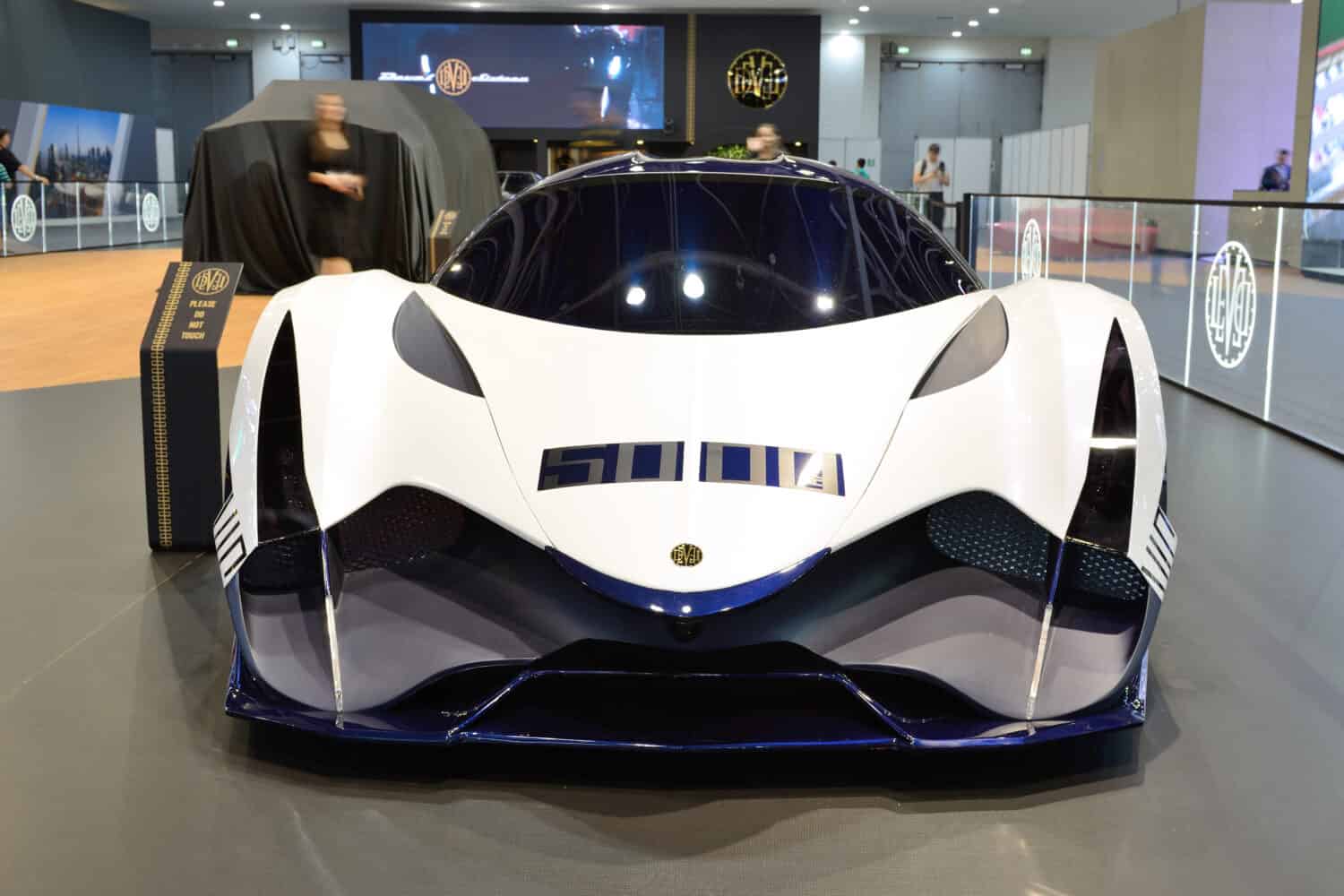 DUBAI, UAE - NOVEMBER 17: The Devel Sixteen supercar is on Dubai Motor Show 2017 on November 17, 2017 