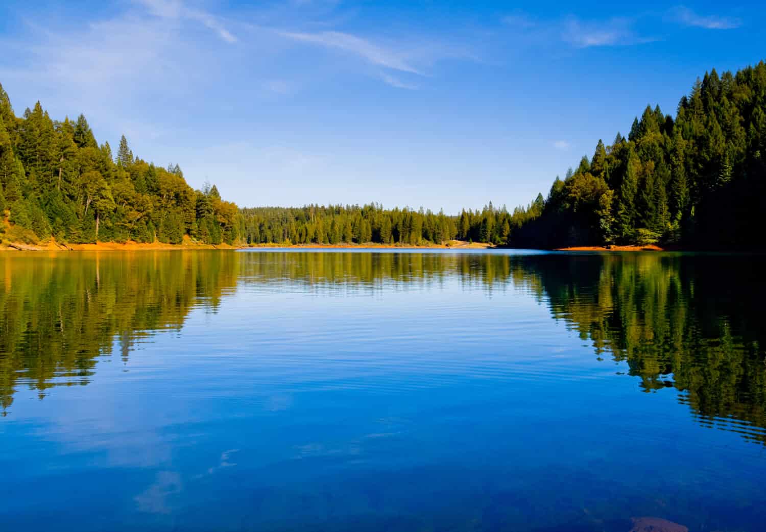 Reflection in clear blue lake in Northern California