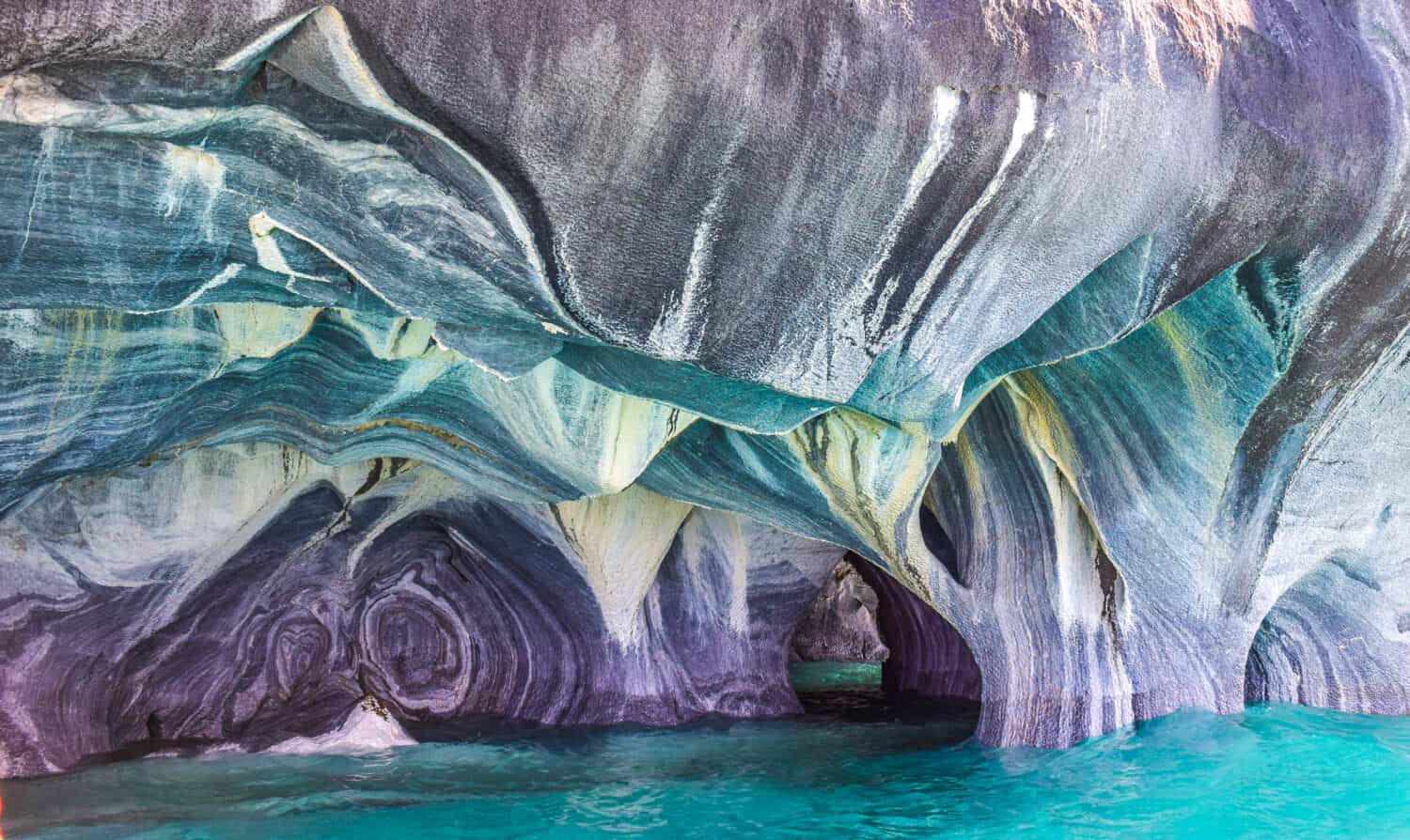 The blue colors of the marble caves in patagonia, chile.