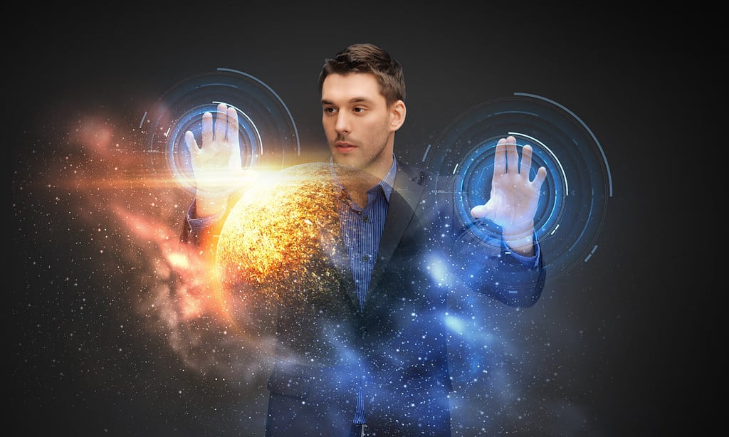 business, future technology and augmented reality concept - businessman with virtual planet and space hologram