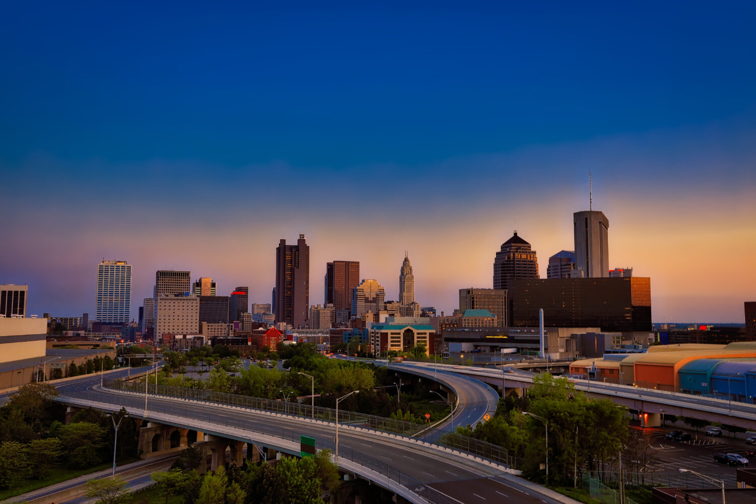 Looking south at the city of Columbus Ohio skyline at sunset.