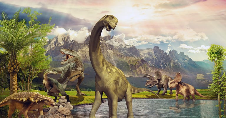 Dinosaurs in the park by the lake