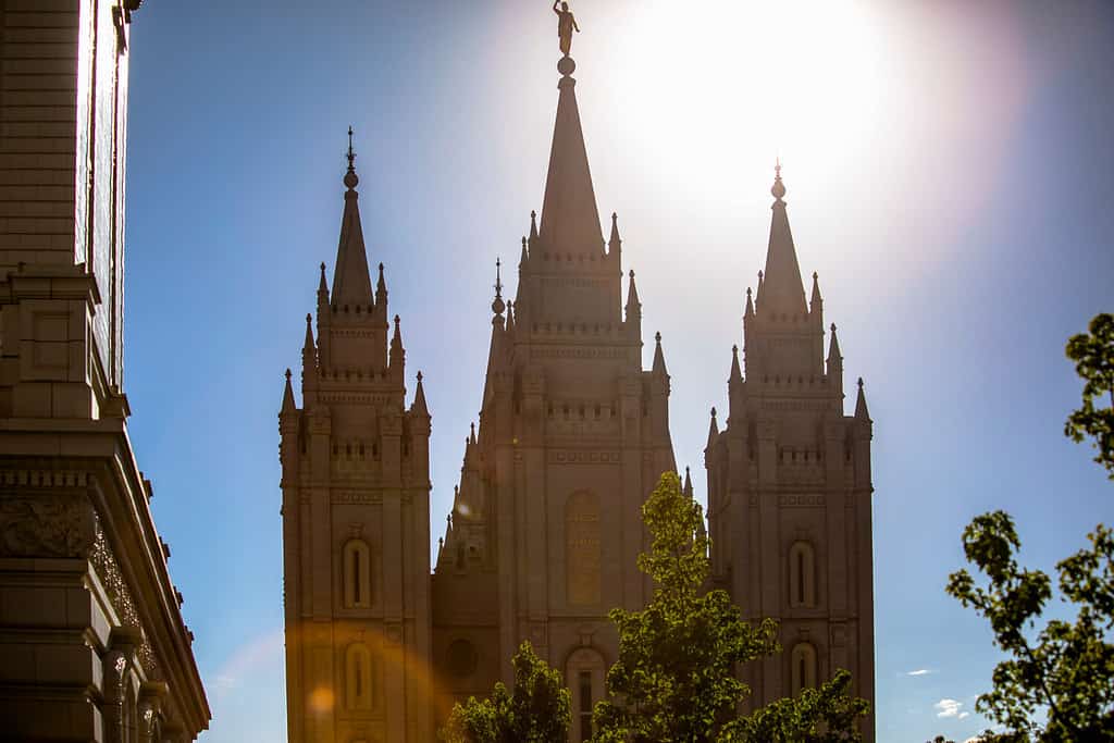 Lens flare on front shot of Mormon Temple