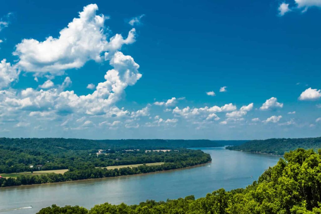 High View of Bend in Ohio River with Blue Sky and Clouds