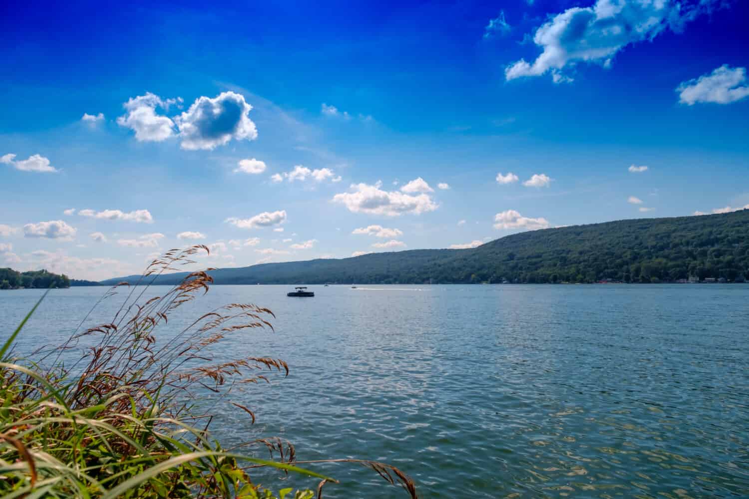 Scenic view of Greenwood lake on summer day with cloudscape