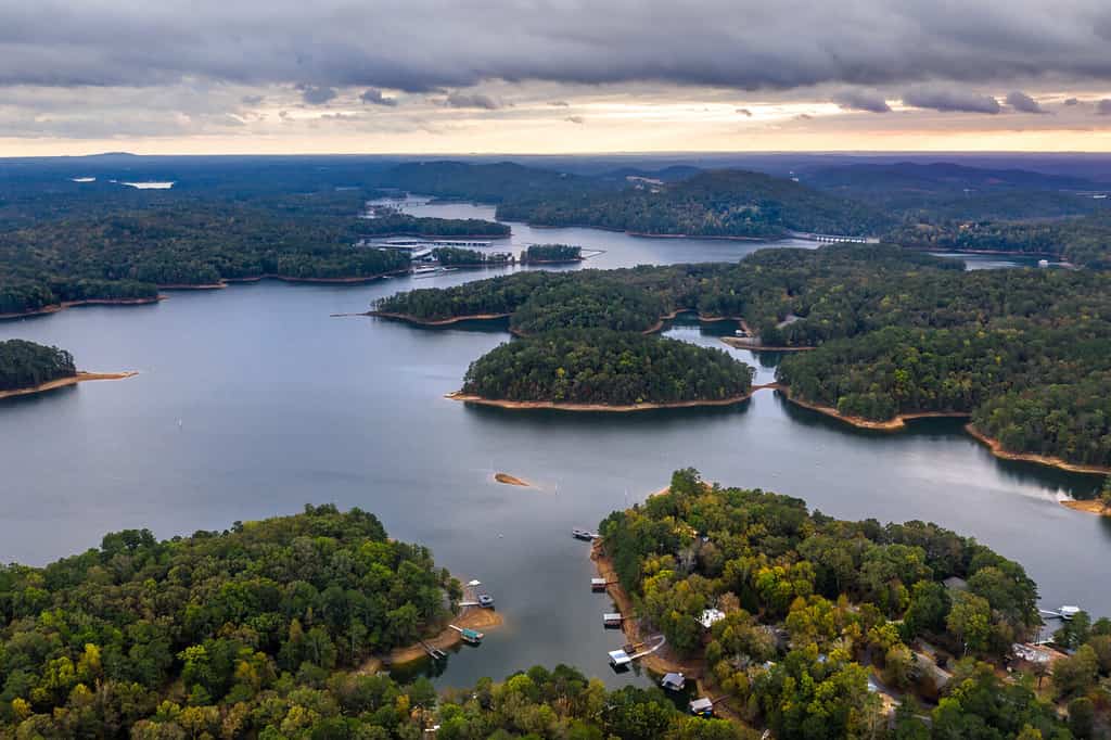 Aerial view of Lake Allatoona in Georgia just after the sunset