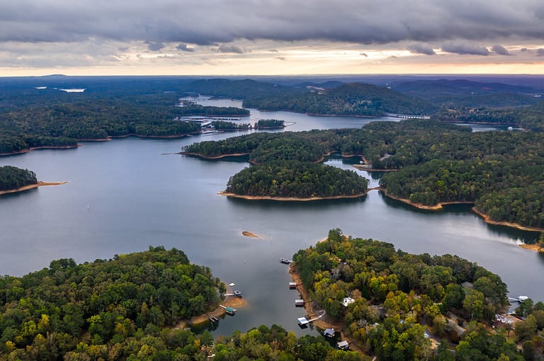 Aerial view of Lake Allatoona just after the sunset