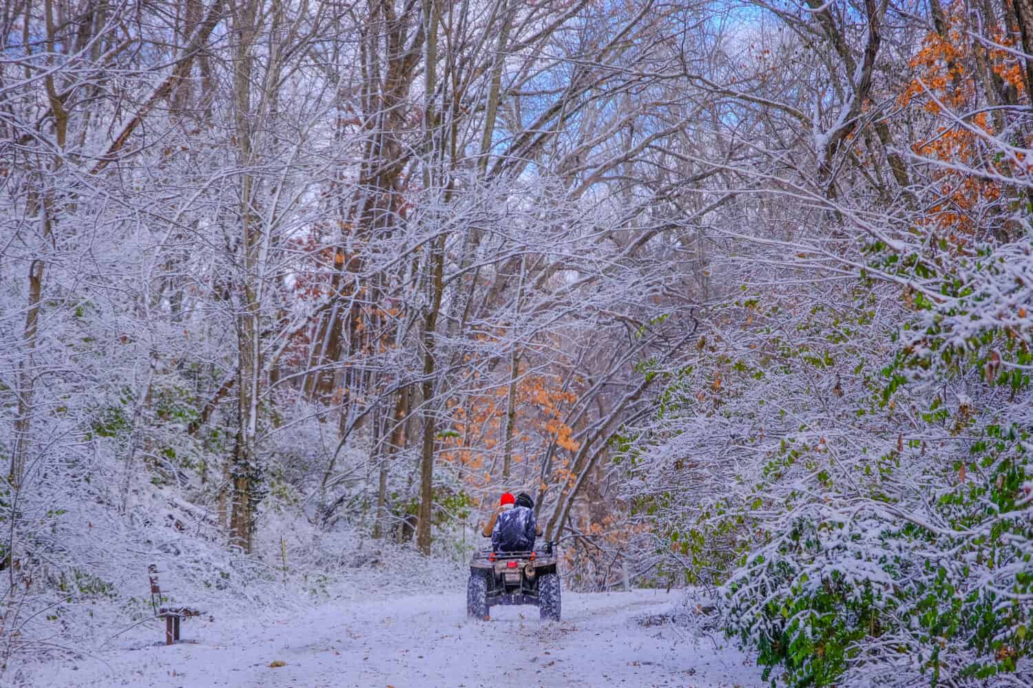 Man and woman driving all terrain vehicle along snow covered trail through beautiful snowy woods in Missouri, Midwest