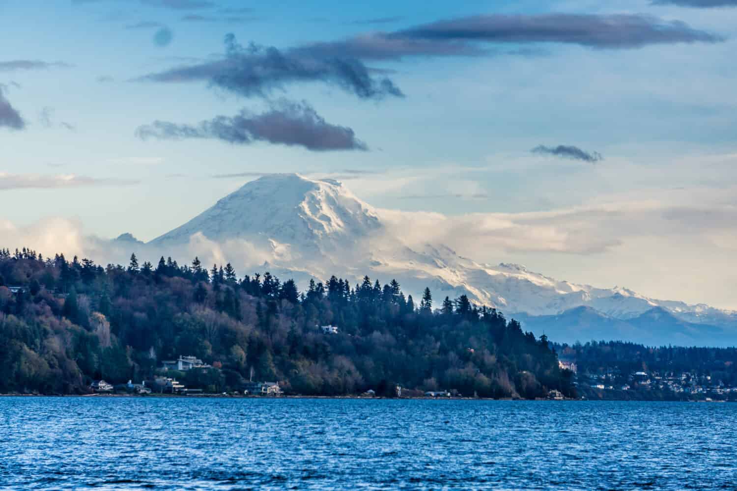 A view of Mount Rainier across the Puget Sound.