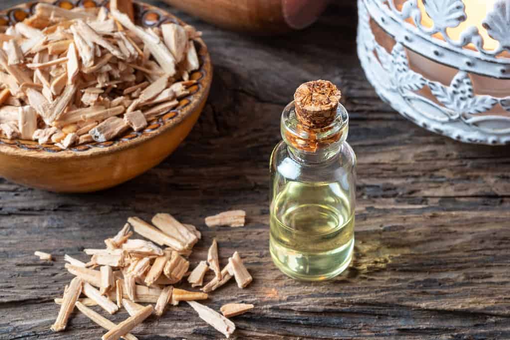 A bottle of essential oil with cedar wood chips